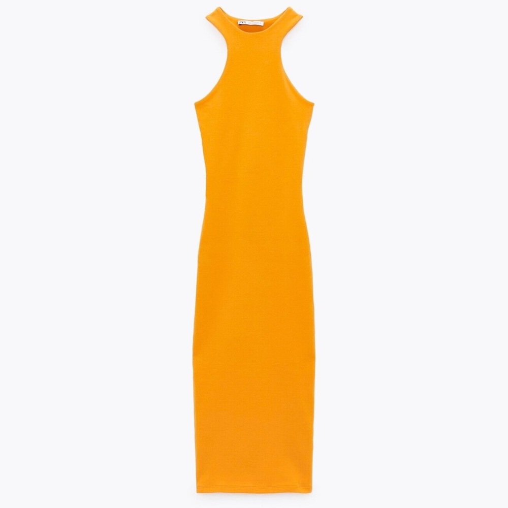 Zara Tangerine High Neck Fitted Halter Dress Size Small